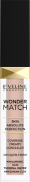 Jasnoróżowy korektor Eveline Wonder Match Coverage Creamy Concealer z kwasem hialuronowym, czarna nakrętka, widok z przodu.