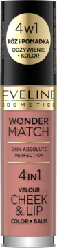 Eveline 4in1 Velour Cheek & Lip Color Balm w brzoskwiniowym opakowaniu z czarnym i złotym wieczkiem, widok z przodu.