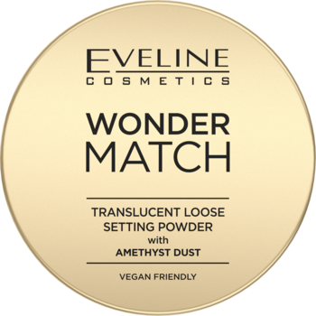 Eveline Wonder Match transparentny puder sypki z ametystowym pyłem, w złotym okrągłym opakowaniu, widok z góry.