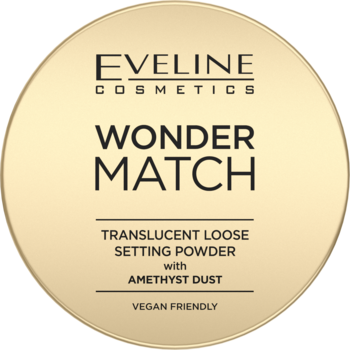 Eveline Wonder Match transparentny puder sypki z ametystowym pyłem, w złotym okrągłym opakowaniu, widok z góry.