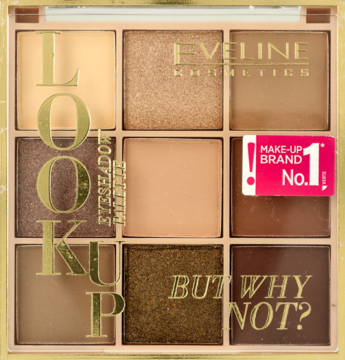 Eveline But Why Not? paleta cieni do powiek: 9 neutralnych odcieni (6 mat, 3 błysk), widok z góry.