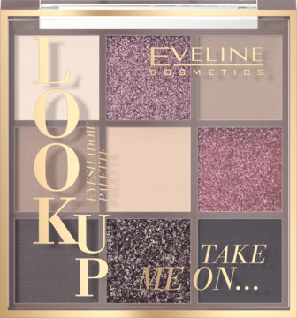 Paleta cieni Eveline Cosmetics Take me on, 9 chłodnych beżów, brązów i błyszczących odcieni, widok z góry.