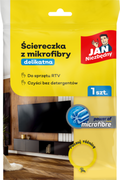 Żółte opakowanie ściereczki Jan Niezbędny z mikrofibry do sprzętu RTV, czyści bez detergentów.