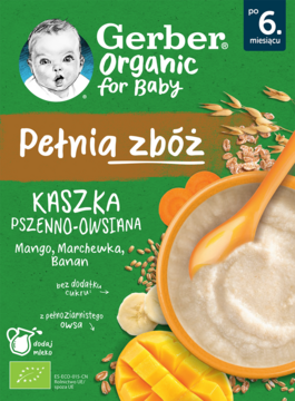 NESTLÉ GERBER,kaszka bezmleczna, pszenno-owsiana, Mango, Marchewka, Banan, po 6.m-cu,przód
