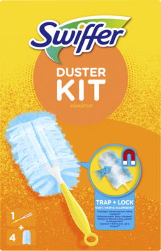 Swiffer Duster Kit, żółta rączka z niebieską miotełką, 4 wkłady, na żółto-pomarańczowym opakowaniu. Widok z przodu.