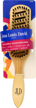 Jean Louis David bambusowa wentylowana szczotka do włosów z włosiem dzika, widok z przodu, w opakowaniu.