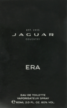 Jaguar Era męska woda toaletowa w czarnym prostokątnym opakowaniu, z przodu srebrne napisy. Widok z przodu.