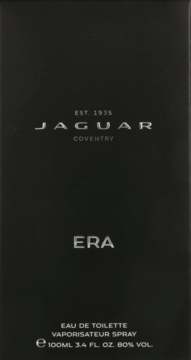Czarna, matowa męska woda toaletowa Jaguar Era 100 ml, widok z przodu opakowania z srebrnym logo.