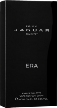 Czarne matowe pudełko Jaguar Era Eau De Toilette 100ml, z srebrnym napisem, widok z przodu.