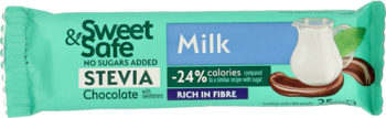 Baton Sweet & Safe Milk Stevia Chocolate w tealowym opakowaniu, widok z przodu, z ilustracją mleka i -24% kalorii.
