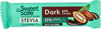 Zielony baton Sweet&Safe Stevia Czekolada 60% Kakao, -25% kalorii, widok z przodu opakowania.