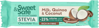 Sweet & Safe Stevia czekolada mleczna quinoa kokos, zielony baton, 23% mniej kalorii, widok z przodu.