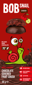 Bob Snail Choco fruit crush jabłko-wiśnia w belgijskiej ciemnej czekoladzie. Czerwone opakowanie, 30g.