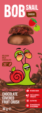 Bob Snail Choco, czekoladowe owoce kruszone jabłko-truskawka, na różowym tle ze ślimakiem.