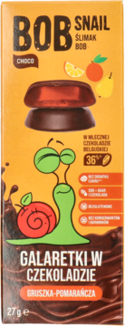 Opakowanie Bob Snail Jellies: gruszkowo-pomarańczowe galaretki w mlecznej czekoladzie. Pomarańczowe, z logo ślimaka, widok z przodu.