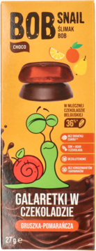 Opakowanie Bob Snail Jellies: gruszkowo-pomarańczowe galaretki w mlecznej czekoladzie. Pomarańczowe, z logo ślimaka, widok z przodu.