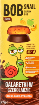 Bob Snail Jellies Choco, galaretka owocowa jabłko-mango-dynia-chia w mlecznej czekoladzie, żółte opakowanie.