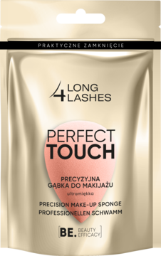 Złote opakowanie Long4Lashes Perfect Touch Precision Make-Up Sponge, z różową grafiką gąbki, widok z przodu.
