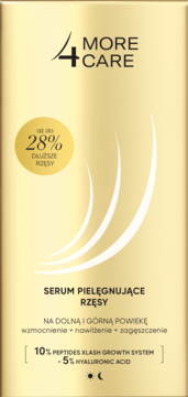 Złote pudełko 4 More Care serum do rzęs, przód, z informacją o 28% dłuższych rzęsach i peptydach.