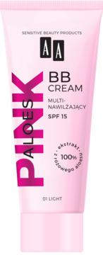 Jasnoróżowa tubka AA BB Cream Aloes Pink SPF 15 Light, widok z przodu, z pionowym napisem PALOES PINK.