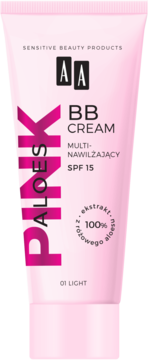 Różowa tubka AA BB Cream Aloes Pink, multi-nawilżający SPF 15, odcień 01 Light, widok z przodu.