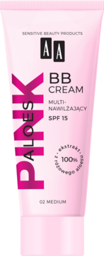 Różowa tubka AA Pink Aloes BB Cream 02 Medium, multi-nawilżający SPF 15 z aloesem, widok z przodu.
