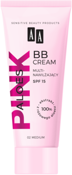 AA Aloes Pink BB Cream 02 Medium SPF 15, wielonawilżający. Jasnoróżowa tuba z pionowym napisem PINK i logo AA.