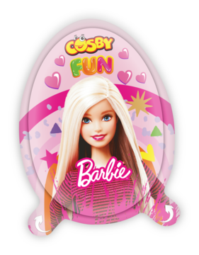 Różowe, jajowate opakowanie Cosby Fun z zabawką Barbie, wizerunkiem blond lalki i napisem Barbie. Widok z przodu.