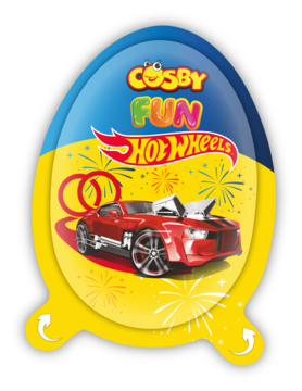 Żółto-niebieskie jajko Cosby Fun Hot Wheels, z czerwoną sportową wyścigówką i grafiką fajerwerków.