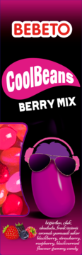 Bebeto CoolBeans BERRY MIX: Wysokie opakowanie żelkowych fasolek o smaku jagodowym, z fasolką w okularach i słuchawkach.