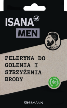 Isana Men peleryna do golenia i strzyżenia brody w czarnym opakowaniu, z ilustracją mężczyzny z brodą, widok z przodu.
