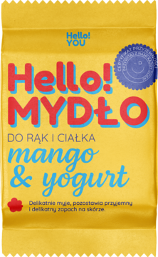 Hello! Mydło do rąk i ciała mango & yogurt w żółtej saszetce, widok z przodu, czerwono-niebieski napis.