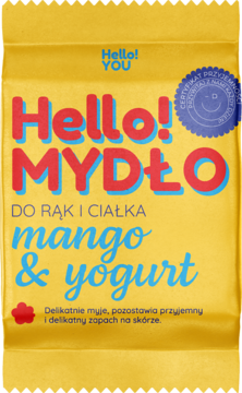 Hello! Mydło do rąk i ciała mango & yogurt w żółtej saszetce, widok z przodu, czerwono-niebieski napis.