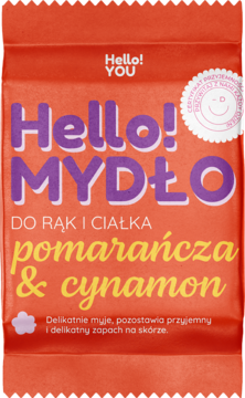Mydło Hello! YOU pomarańcza i cynamon, w intensywnie czerwonej owijce, widok z przodu, z certyfikatem jakości.