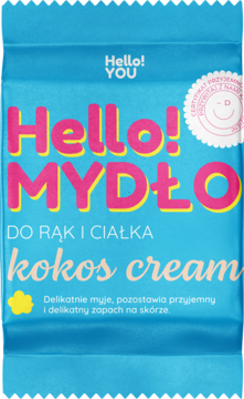 Niebieskie opakowanie mydła Hello! YOU kokos cream do rąk i ciała, z różowym napisem, widok z przodu.