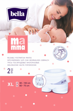 Opakowanie Bella Mamma: biało-różowe, z wizerunkiem matki i dziecka, pokazuje siatkowe majtki poporodowe XL.