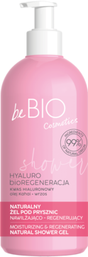 BEBIO COSMETICS Shower Hyaluro bioRegeneracja,żel pod prysznic, nawilżająco-regenerujący, Olej Kahai i Wrzos,przód