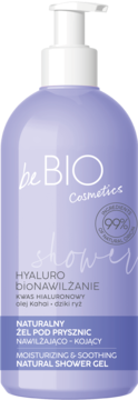 BEBIO COSMETICS Shower Hyaluro bioNawilżenie,żel pod prysznic nawilżająco-kojący, Olej Kahai i Dziki Ryż,przód