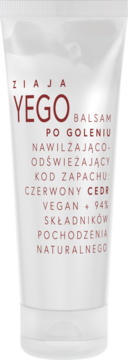Ziaja Yego Balsam po goleniu Nawilżająco-Odświeżający Czerwony Cedr, biała tubka, Vegan, widok z przodu.