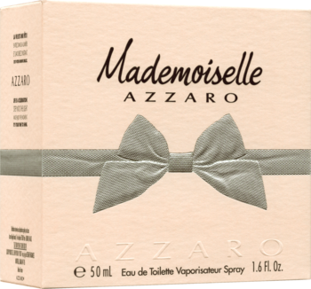 Jasnoróżowe opakowanie Azzaro Mademoiselle 50 ml EDT z elegancką szarą kokardą, widok z przodu.