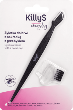 Precyzyjna czarna żyletka KillyS everyday do brwi, z grzebykiem w nakładce, w blisterze produktowym.