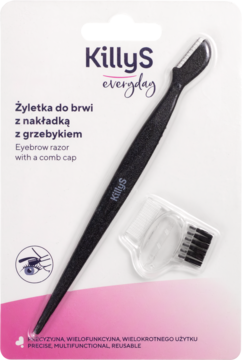 Czarna żyletka do brwi KillyS z przezroczystą nakładką-grzebykiem, widok na opakowaniu. Modeluje i przycina włoski.