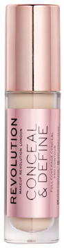 Revolution Conceal & Define korektor w beżowej butelce z różowozłotą nakrętką, widok z przodu.