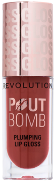 Błyszczyk Revolution Pout Bomb Plumping Lip Gloss Cookie, czerwono-brązowy, przezroczysta butelka, różowo-złota nakrętka.