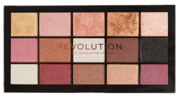 Paleta cieni Revolution Re-loaded Affection z 15 matowymi i błyszczącymi odcieniami w brzoskwini, brązie i różu, widok z góry.