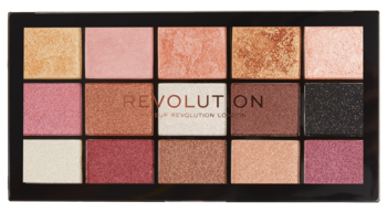 Paleta cieni Revolution Re-loaded Affection z 15 matowymi i błyszczącymi odcieniami w brzoskwini, brązie i różu, widok z góry.