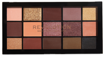 Paleta cieni Revolution Velvet Rose, 15 matowych i błyszczących brązowo-różowych odcieni, widok z góry.