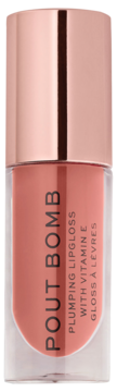 Pout Bomb Plumping Lipgloss w odcieniu brzoskwiniowego różu z witaminą E, butelka z różowo-złotą zakrętką.