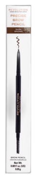 Kredka do brwi Revolution Precise Brow Pencil Dark Brown w opakowaniu, widoczna precyzyjna końcówka i szczoteczka.