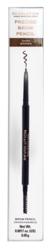 Kredka do brwi Revolution Precise Brow Pencil Dark Brown w opakowaniu, widoczna precyzyjna końcówka i szczoteczka.